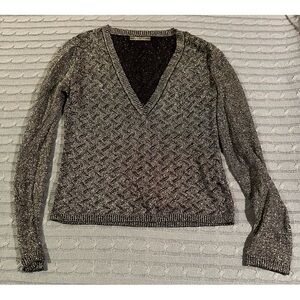 Metallic Knit V-Neck Sweater- L